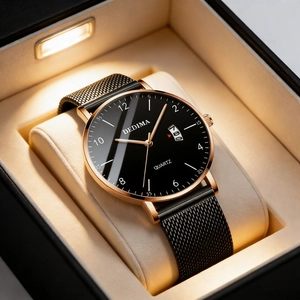 Macro shot of ultra-thin quartz watch with mesh band and date display in luxury gift box
