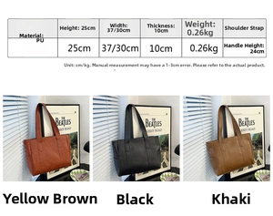 Detailed chart showing PU leather tote bag dimensions and available color options
