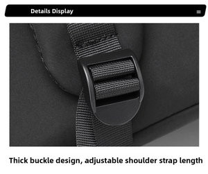 Detailed view of the thick adjustable plastic buckle and nylon strap on the backpack