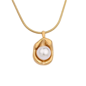 French retro style stainless steel gold snake chain necklace with irregular pearl pendant