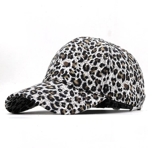 Close-up of leopard print pattern and six-panel stitching on the baseball cap