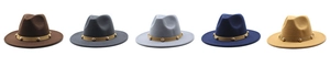 Flat brim wool fedora hats collection with studded suede bands in five neutral colors