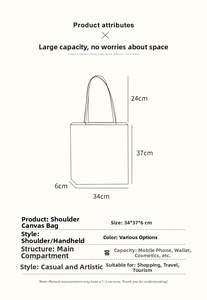 Detailed size specifications of the large canvas tote bag showing dimensions and handle length