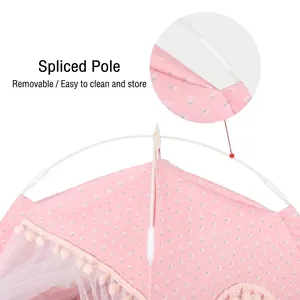 Pink floral pet tent with detachable poles and lace trim for cats and small dogs