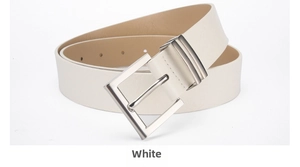 Detailed macro view of white PU leather belt featuring a classic silver square pin buckle