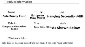 Size chart for cute rabbit plush pendant showing dimensions from 14cm to 30cm and material