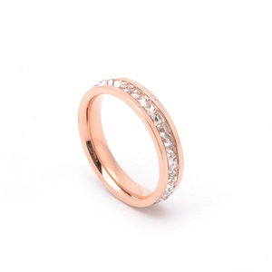 Elegant rose gold stainless steel ring featuring a row of sparkling square cubic zirconia