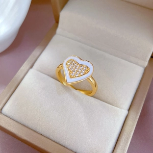 Adjustable gold heart ring with white enamel and sparkling pave crystals for women