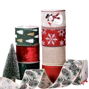 Velvet and burlap Christmas ribbons with snowmen and pinecone patterns for tree decor