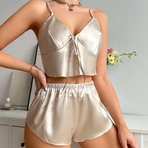 Champagne satin camisole and shorts pajamas set for women with silk-like finish