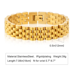 Detailed technical view of 12mm IP gold plated stainless steel watch band bracelet