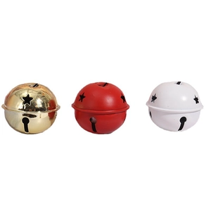 Five centimeter metal Christmas bells in gold red and white with star shaped cutouts