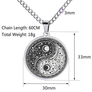 Retro stainless steel Yin Yang mandala pendant necklace for men with 60cm chain