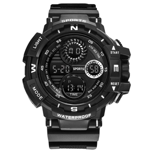 Outdoor waterproof sports watch with dual digital display and black rubber strap