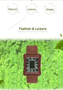 Square wood grain watch with Roman numerals on clover background and brown leather strap