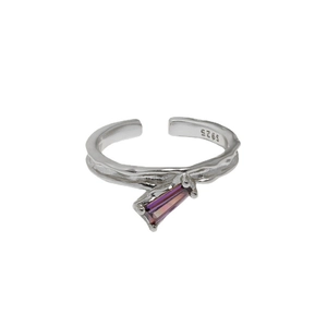 Irregular textured S925 sterling silver open ring with a purple-pink zircon gemstone