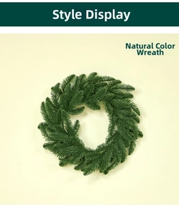Close-up of a dense green artificial pine wreath with realistic needles on beige background