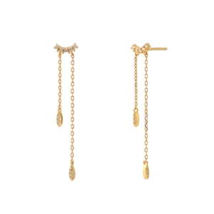 Elegant gold tassel earrings for women featuring sparkling rhinestones on white background
