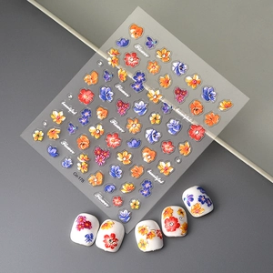 3D floral nail art stickers Co-178 with colorful embossed flowers and white manicured tips