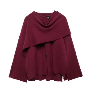 Asymmetric burgundy knitted shawl cardigan with a stylish single black button closure