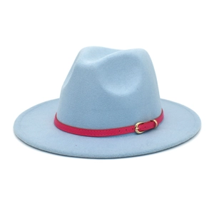 Sky blue wool Fedora hat with rose red leather belt and gold buckle for women