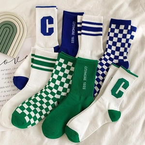 Crew Socks Polyester Cotton Checkerboard Stripe Letter Print Retro Streetwear Casual Sports Unisex Breathable