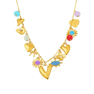 Golden stainless steel necklace featuring heart, flower charms and colorful enamel beads