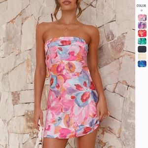 Robe Mini En Satin Sans Bretelles Femmes Dos Nu Imprimé Floral Moulante Robe Tube Été Vacances Fête