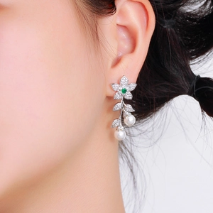 Luxurious leaf and flower drop earrings with green zircon and white hanging pearls
