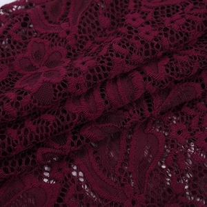 Detailed macro shot of deep red lace fabric with intricate floral and mesh patterns