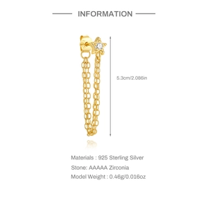 Macro view of S925 sterling silver earring with star tassel and cubic zirconia stones