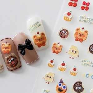 5D embossed Christmas nail stickers featuring 3D cartoon cookies and teddy bear patterns