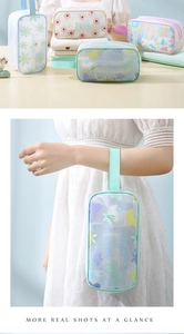 Detail of waterproof semi-transparent PVC toiletry bags with floral and butterfly patterns