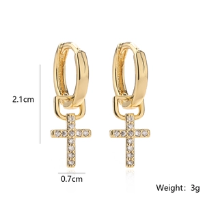 Gold-plated cross drop earrings with sparkling zircon stones and detailed dimensions