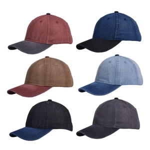 Set of six washed denim baseball caps with vintage contrast patchwork and curved brims