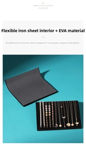 Detail view of S-shaped jewelry display board showing gold necklaces on durable black EVA material