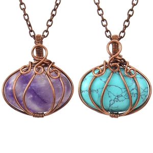 Handmade copper wire wrapped pumpkin pendant necklaces with amethyst and turquoise stones