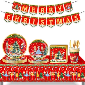 Nutcracker Christmas Party Tableware Disposable Paper Plates Cups Napkins Banner Tablecloth Holiday Celebration Decor