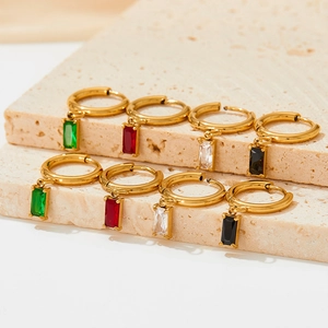 Square zircon dangle earrings in gold stainless steel featuring four vibrant stone colors