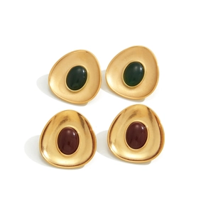 Luxurious stainless steel stud earrings with green and burgundy resin in gold matte finish