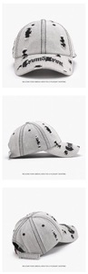 Three-way view of distressed light gray denim baseball cap with torn details and embroidery