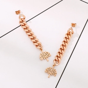 Rose gold long tassel earrings featuring chunky chain and Tree of Life pendant detail