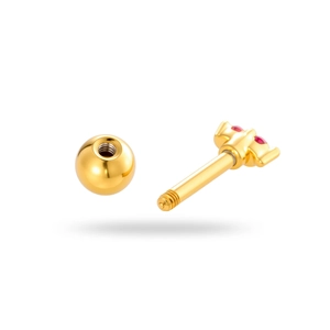 Golden stainless steel screw back ear stud with a marquise-cut red gemstone on white background