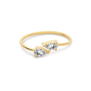 Detail of gold open ring featuring pear-cut clear stones in a minimalist bezel setting