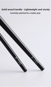 Polished solid wood makeup brush handles with silver A-101 and A-102 model labels
