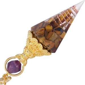 Tigerauge und Amethyst Kristall Energiependel mit Kupferspule in Harz-Kegelform