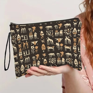 Portable toiletry bag with beige Egyptian hieroglyphs on dark brown background