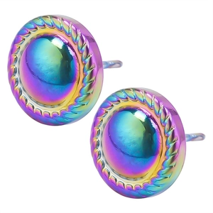Macro view of rainbow stainless steel stud earrings with twisted rope textured borders