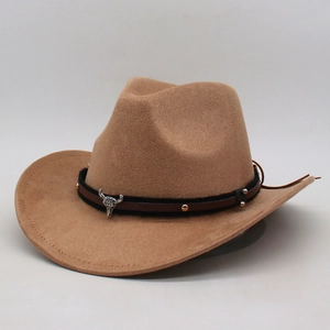 Khaki suede western cowboy hat with steer head buckle and brown studded leather band