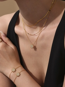 Close-up of golden multi-layer sun flower necklace and bracelet set with 5A zircons